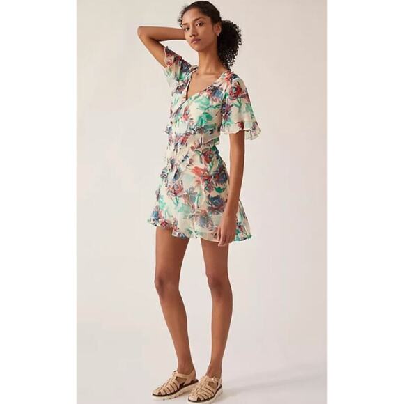 Anthropologie Floral V-Neck Ruffle Mini Dress L Boho Summer Party Outfit Pastel - Picture 1 of 10